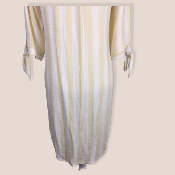 Sharagano Front Button Shirt Dress Sz 10 3/4 Sleeves Tie Yellow White - Picture 3 of 10